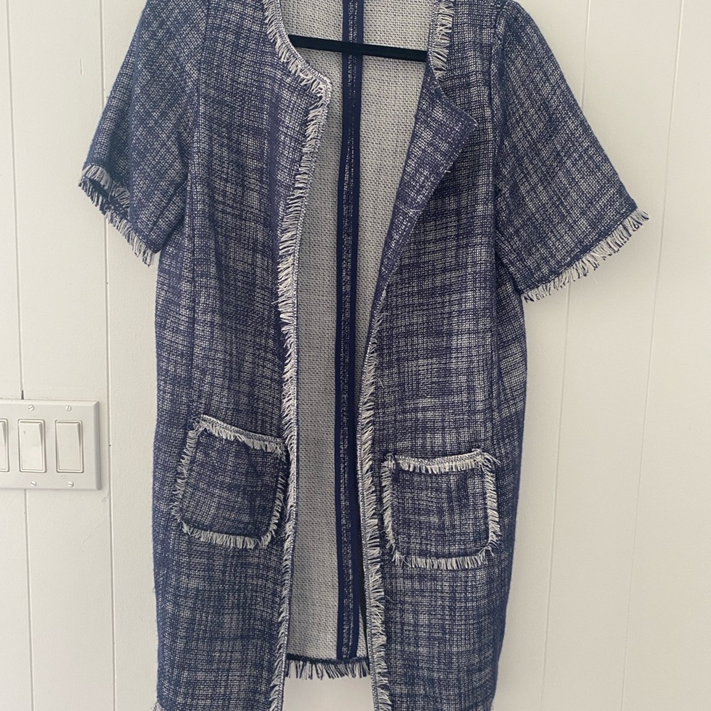 Tilden women's Sz M Navy Tweed Jacket Metallic Accents and Fringe Trim